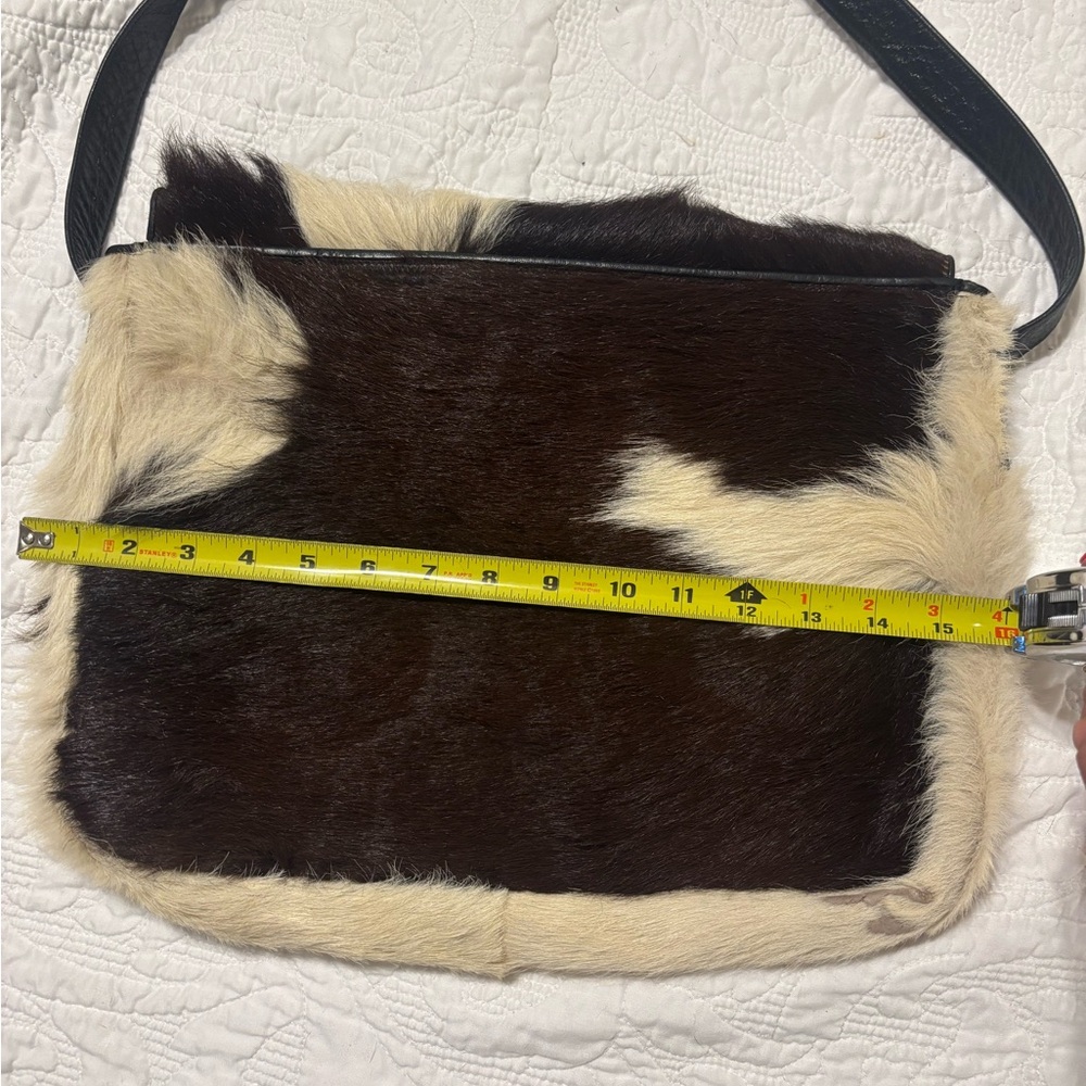 Dark brown and cream cowhide &leather bag upcycled patch & turquoise studs. - Picture 12 of 14